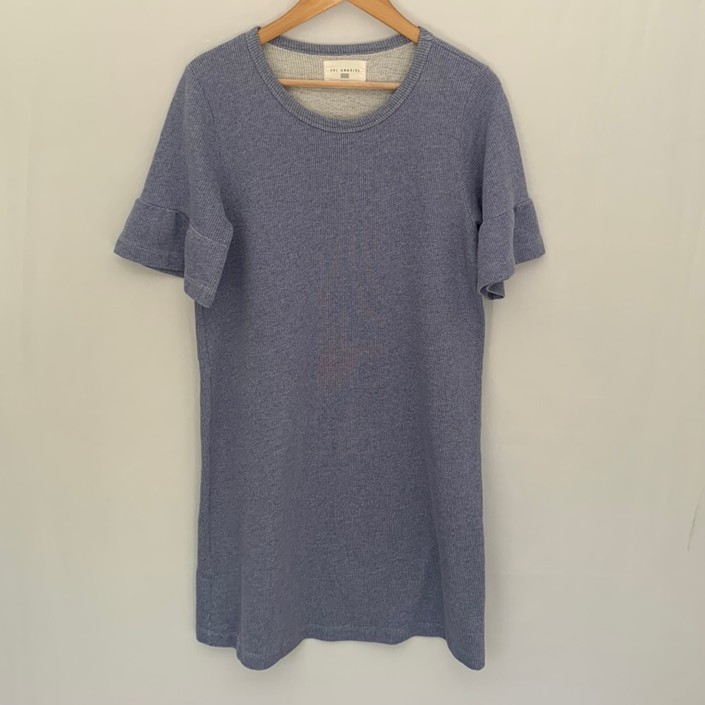 Sol Angeles Blue Short Sleeve Ribbed Knit Ruffle Shift Dress Size Large